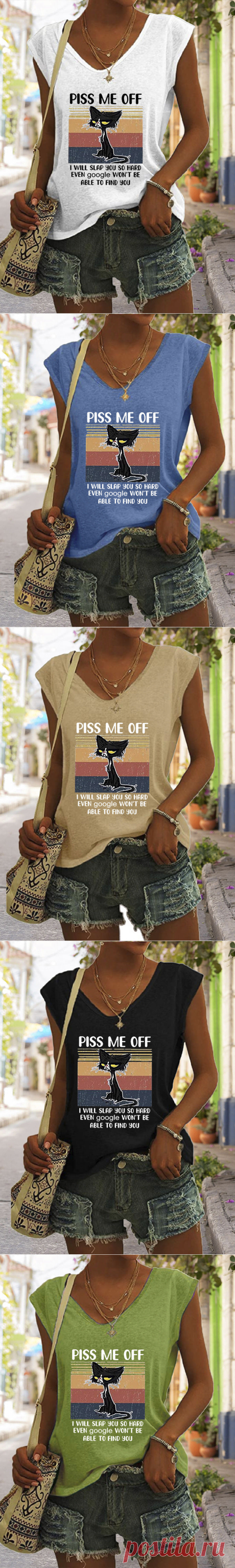 V-neck Casual Loose Lettering Cat Print Short Sleeve T-shirt - Cicicloth