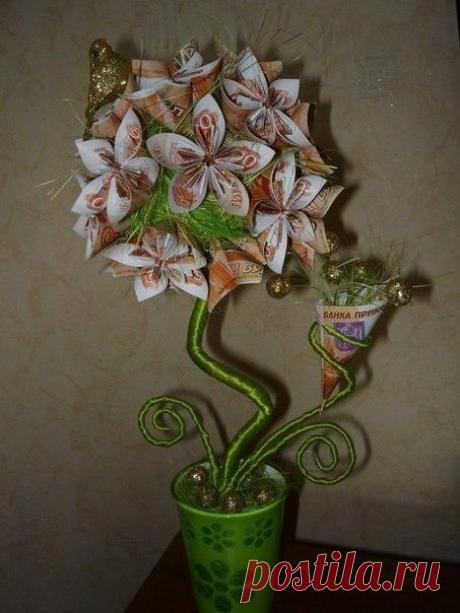 Топиарий из сизаля и купюр "цветы-кусудама". / Рукоделие
