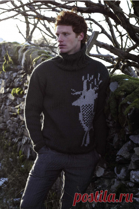 Джемпер с оленем Hornshaw, Rowan Dalesmen Вязание для мужчин джемпера с оленем спицами из журнала Rowan Dalesmen. Мужской джемпер, вязаный спицами с большим мотивом оленя, из толстой шерстяной пряжи.