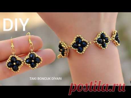 Minik zarif yonca bileklik & küpe / Tiny clover stud earrings & bracelet. How to make beaded jewelry