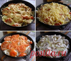 Овощная запеканка Овощная запеканка. Ингредиенты: картофель 6 средних шт.  лук реп. 2 шт.  грибы бел. 100 гр (у меня было 2 больших)  помидор 2 шт (средних)  сыр 300 гр. для соуса:  сметана 2 ст.лож.  майонез 2 ст.лож.  чеснок 1 зуб. Приготовление: Нарезаем картофель, лук, грибы, помидор. Выкладываем слоями на сковороду, поливаем соусом и посыпаем сыром, выпекаем при температуре 180 гр. 40 мин. Приятного аппетита!