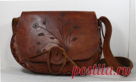 Vintage Retro brown hand tooled leather purse hand bag от indai