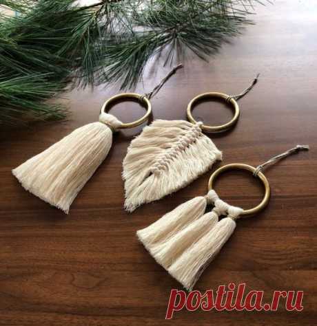 Set of 3 Modern Macrame Brass Ring Christmas Tree Ornaments
