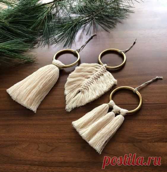 Set of 3 Modern Macrame Brass Ring Christmas Tree Ornaments