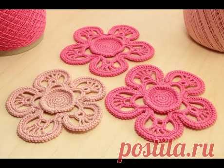 Вязание ЦВЕТКА с обвязкой шнуром гусеничка - ЧАСТЬ 1   How to crochet a flower