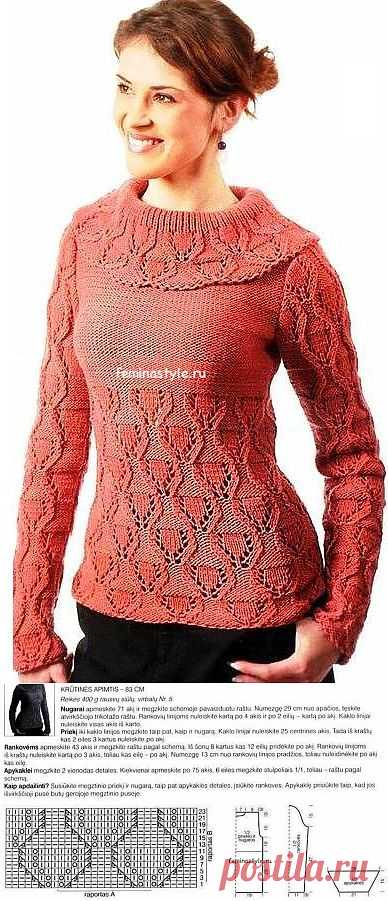 Вязаный спицами пуловер кораллового цвета / Рукоделие / Домоводство / Женские секреты / Женский стиль