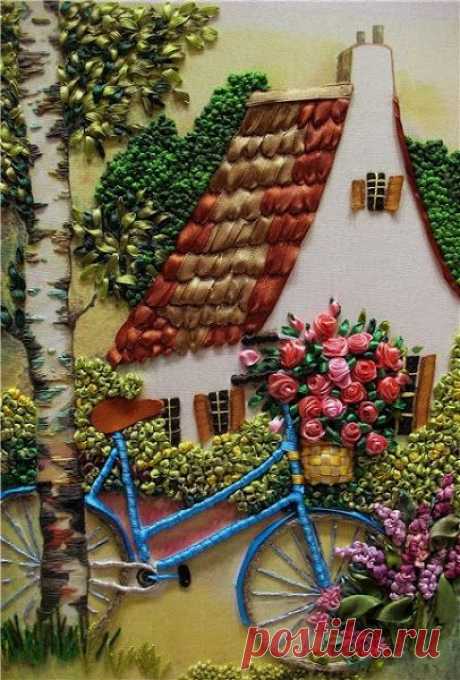 (26) This silk ribbon embroidered cottage scene can also be found on my SILK RIBBON EMBROIDERY board. ~ I hope you enjoy this board. Go forth and pin fr…