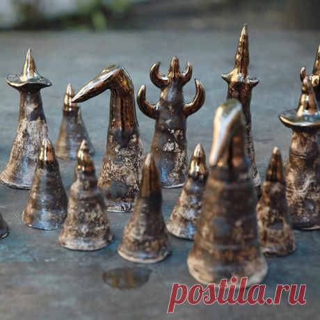 'Wizard's Chess' for slow and thoughtful game with gorgeous rustic figures - all were thrown on the wheel and then carefully carved into this magic characters✨👑✨ #ceramics #pottery #chess #ceramicchessset #rustic