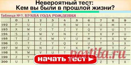 Вы когда-нибудь задумывались о том, кем вы были в прошлой жизни? Мужчиной или женщиной, в какой части мира были рождены, чем занимались? А самое главное, какое у вас предназначение в нынешней жизни? Если все эти мысли вас посещали, тогда этот тест именно для вас! Это очень интересно!!! Для начала давайте определим БУКВУ ГОДА вашего рождения (см. Таблицу 1) В вертикальной колонке Таблицы 1 найдите первые 3 цифры года Вашего рождения, в горизонтальной последнюю. На пересечен...