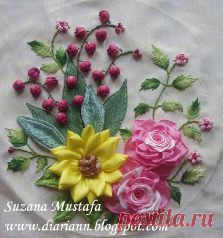 Вышивка лентами. Цветы. Мастер класс.