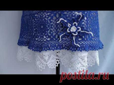 Вязаная юбка крючком с подъюбником из льна, обвязанным кружевной каймой. Обзор готовой работы.