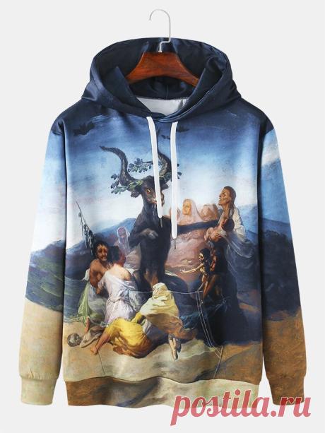 Mens Allover 3D Vintage Painting Print Loose Kangaroo Pocket Drawstring Hoodies - US$29.99