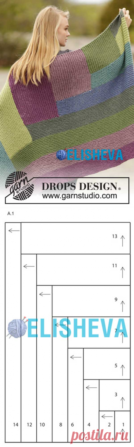 Разноцветный плед от Drops Design, вязаный спицами платочным узором