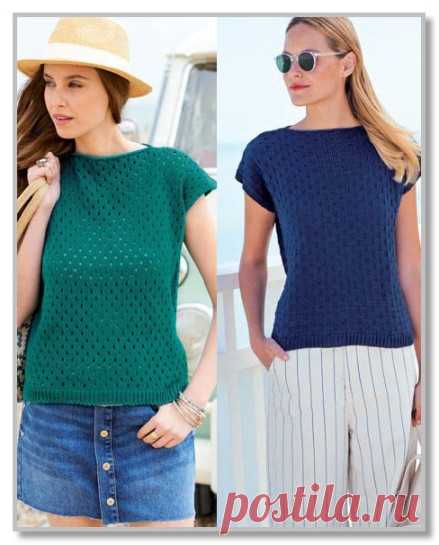 Вязание спицами. Описание женской модели со схемой и выкройкой. Два однотонных пуловера: с текстурным и с ажурным узорами. Размеры: 40/42 [46/48:50/54]