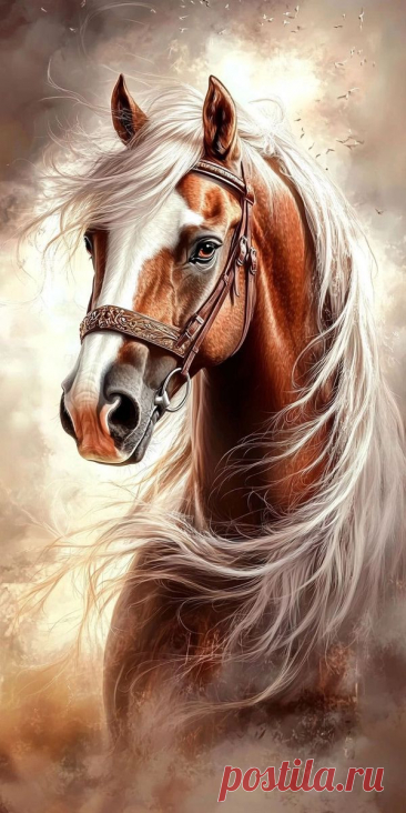 a painting of a brown and white horse with long hair on it's face