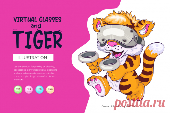 Cartoon tiger and virtual glasses.
Funny illustration of a cartoon tiger wearing virtual reality glasses. Symbol of 2022. Unique design, Children's illustration. Use the product for printing on clothing, accessories, party decorations, labels and stickers, kids room decoration, invitation cards, scrapbooking, kids crafts, diaries and more.
-------------------------------------------
EPS_10, SVG, JPG, PNG file transparent with a resolution of 300 dpi, 15000 X 15000.