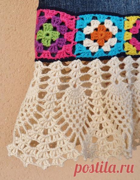 Джинсовая юбка с вязаной отделкой. Схемы