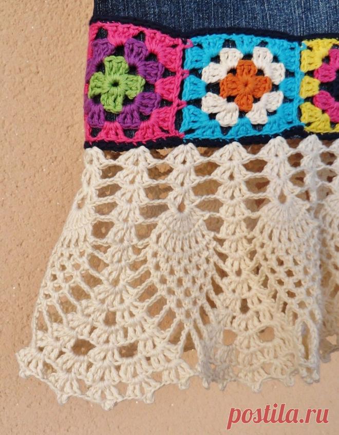 Джинсовая юбка с вязаной отделкой. Схемы