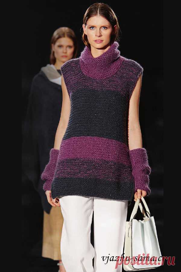 Зимний комплект: пулундер с высоким воротником и митенки. Спицами. / vjazhu-sama.com