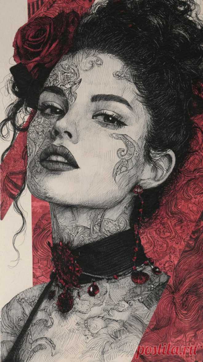 Загадочный взгляд: драматичная красота в черно-белых узорах и алом розарии. Генерация из нейронной сети Миджорни - Midjourney примеры промтов - Форум ИИ о нейросетях - Yes Ai