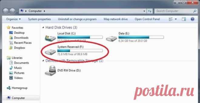 Как убрать "Зарезервировано системой" (диск) в Windows 7