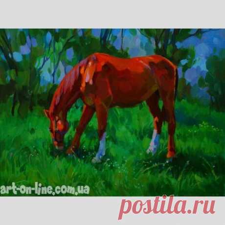 Картина На пастбище. Май - Другое  - Ярошевич Анастасия (живопись) Картина На пастбище. Май -  Небольшая картина маслом с конем, который пасется на майском лугу с сочной зеленой травой