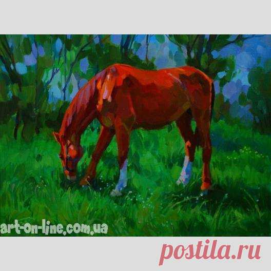 Картина На пастбище. Май - Другое  - Ярошевич Анастасия (живопись) Картина На пастбище. Май -  Небольшая картина маслом с конем, который пасется на майском лугу с сочной зеленой травой