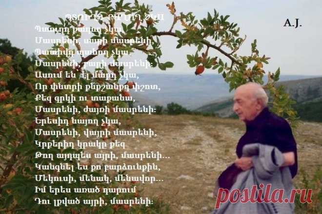 Համո Սահյան,
ՊՏՈԻՂԴ ՔԱՂՈՂ ՉԿԱ

Պտուղդ քաղող չկա,
Մասրենի, սարի մասրենի,
Պատիվդ պահող չկա,
Մասրենի, բարի մասրենի։
Ասում են՝ էլ մարդ չկա,
Որ փնտրի քնքշանքդ փշոտ,
Քեզ գրկի ու տաքանա,
Մասրենի, ժայռի մասրենի։
Երեսիդ նայող չկա,
Մասրենի, վայրի մասրենի,
Կրքերիդ կրակը քեզ
Թող այդպես այրի, մասրենի...
Կանգնել ես քո բարձունքին,
Մեկուսի, մենակ, մենավոր...
Իմ երես առած դարում
Դու լքված այրի, մասրեն