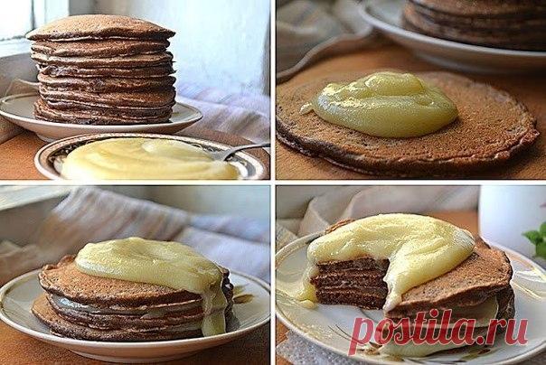 Как приготовить шоколадные панкейки с заварным кремом - рецепт, ингридиенты и фотографии