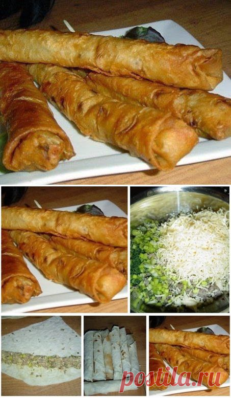ГОРЯЧИЕ СИГАРЫ - в сковороде!!!  **Начинка: отварные куриные желудочки 200г, и сердечки 200г -в блендер. Добавим к потрошкам: резаные зел/лук и укроп, тертый сыр 150г, сырые желтки 2шт, соль, перец. *Лаваш 6шт -режем на треугольники, кладем начинку, свернем в сигару, смазывая белком. *Обжарим на раст/масле. * Подаём с соусом. Хрустящие красавцы готовы -для неравнодушных к чебурекам !!!