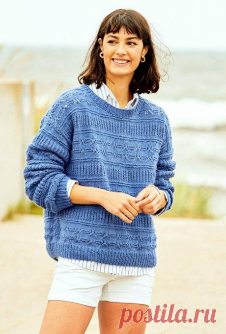 Пост на стене Васильковый пуловер свободного кроя с миксом структурных узоров ♥Европейские размеры: 38/40 (42/44) 46/48.  Российские размеры: 44/46 (48/50) 52/54.  Для вязания нам потребуется 450 (500) 550 г синей (цвет № 19) пряжи AUSTERMANN "Ecopure": 100% органический хлопок; 115 м/50 г. Спицы № 4 и № 4,5. А также круговые спицы № 4.  УЗОРЫ ♥  Узор 1: резинка рядами в прямом и обратном направлении. Лицевые ряды: кром., поп...