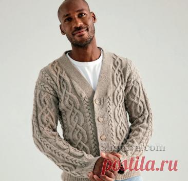 Вязаный мужской кардиган на пуговицах с арановыми узорами — Shpulya.com - схемы с описанием для вязания спицами и крючком