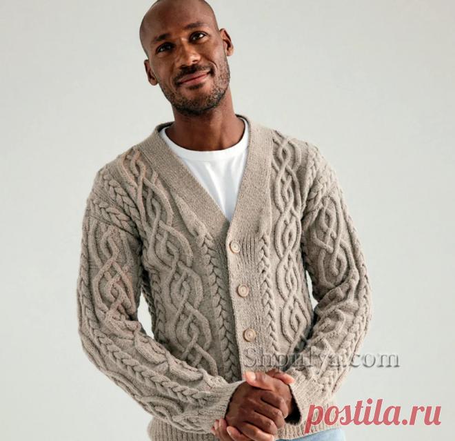 Вязаный мужской кардиган на пуговицах с арановыми узорами — Shpulya.com - схемы с описанием для вязания спицами и крючком