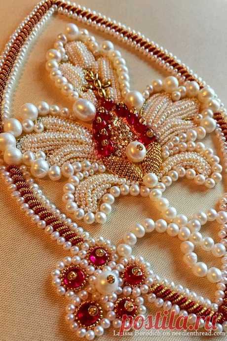 Stylized Pomegranate in Pearl &amp; Goldwork Embroidery
