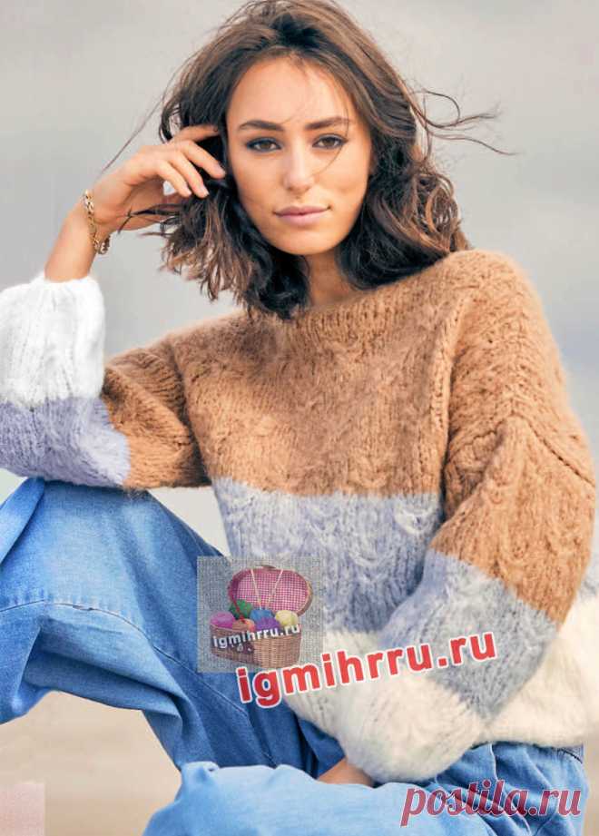 Пуловер с широкими полосами и узором из «кос». Вязание спицами со схемами и описанием