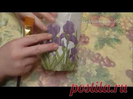 Декупаж на стекле. Декор вазы Декупаж на стекле. StudiaHandMade.Ru - YouTube