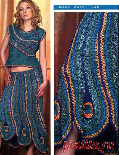 Юбка #крючком  #узор_крючком #вязание #юбка #топ
Размер 46-48.

Нам потребуется: по 100 г голубой, ярко-зеленой, темно-зеленой, ярко-желтой, 50 г фиолетовой х/б пряжи "Ирис" "Гамма" в 2 сложения и 100 г яркой меланжевой шелковой пряжи с люрексом. Крючок №3.
