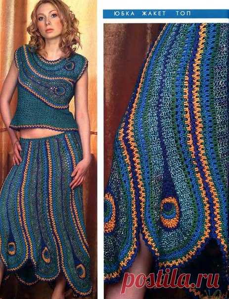 Юбка #крючком  #узор_крючком #вязание #юбка #топ
Размер 46-48.

Нам потребуется: по 100 г голубой, ярко-зеленой, темно-зеленой, ярко-желтой, 50 г фиолетовой х/б пряжи 
