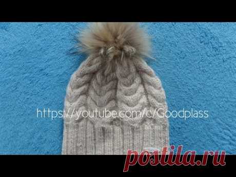 Шапка с косами и помпоном вязание по кругу. Вязание спицами. Knitting(Hobby)