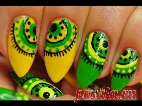 Nail Art. Green and Yellow Abstraction.