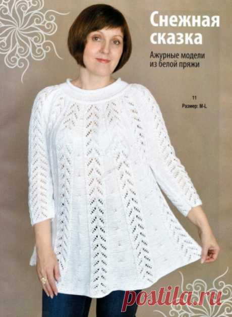 Белая туника Размер: M-L Вам потребуется: пряжа Cotton Gold (45% акрил, 55% хлопок, 330 м/100 г) - 500 г белого цвета, спицы №3, носочные спицы №3. Плотность вязания: 2п. х 29 рядов = 10 х 10 см. Основной узор, изнаночная гладь: лиц. ряды - изн. п., изн.