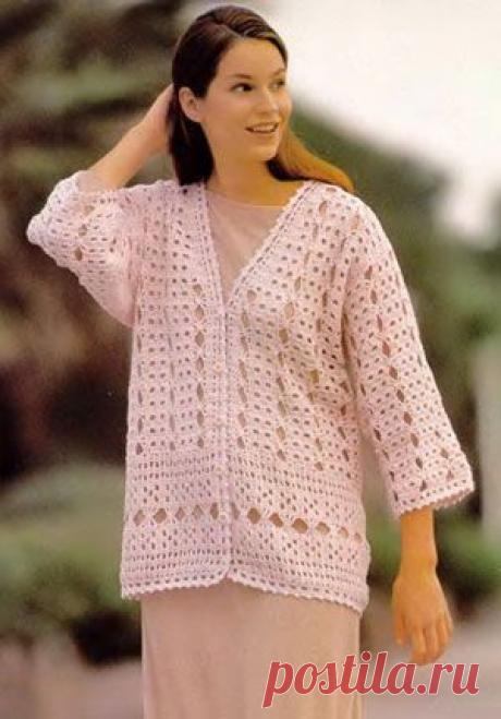 Розовый жакет. Летние модели для полных, связанные крючком