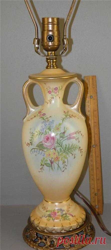Vintage Hand Painted Porcelain Romantic Flowers Boudoir Table Lamp Ornate Base  | eBay Good condition with new wiring and new socket, measuring 24