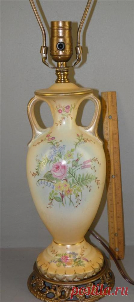 Vintage Hand Painted Porcelain Romantic Flowers Boudoir Table Lamp Ornate Base  | eBay Good condition with new wiring and new socket, measuring 24" High to finial 16.5" High to socket 5" Wide 6" Base. Most will show some wear, as they are old, and have been used. We try to show any imperfections or wear in the photos. | eBay!
