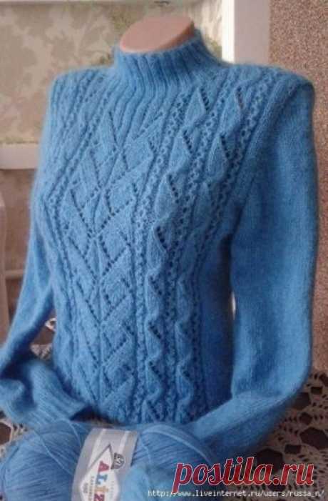 ПУЛОВЕР "ГЕОМЕТРИЯ" СПИЦАМИ С ИМИТАЦИЕЙ ВШИВНОГО РУКАВА 
 
Размер 48-50 
Спицы №3 и №4 
Расход пряжи 235 гр. 
 
Свитер связала из двух видов пряжи (нить в два сложения): 
1. LANA GOLD 800 (цвет №245), 100гр/800м (расход 133 гр) 
2. Kid Royal (цвет №443), 25гр/250м (расход 102 гр) 
В этом свитере использовала интересный метод вязания рукава - имитация вшивного рукава 
 
Описание вязания 
 
Размер 44-46. 
Вам потребуется: 350-400 г пряжи (60% шерсть, 25% акрил, 15% шелк, 100...