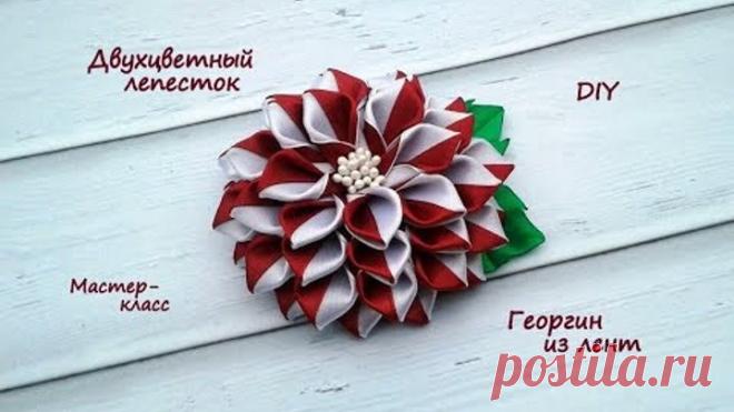 Двухцветный лепесток. Георгин из лент. Канзаши /МК/Hand мade/DIY/ Kanzashi
