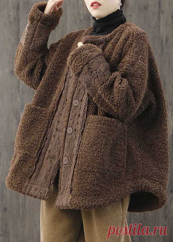 Women Khaki O-Neck Button Casual Fall Winter Thick Long sleeve Coat – SooLinen