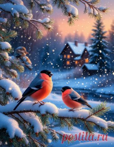 зимний деревенский пейзаж, вечерняя природа, На заснеженных ветках сидят снегири, синички Показана красота зимней природы. Все мерцает и сияет, в воздухе витает неоновая пыльца. кинематографическое освещение, волшебная атмосфера, детализированные тени и отражения