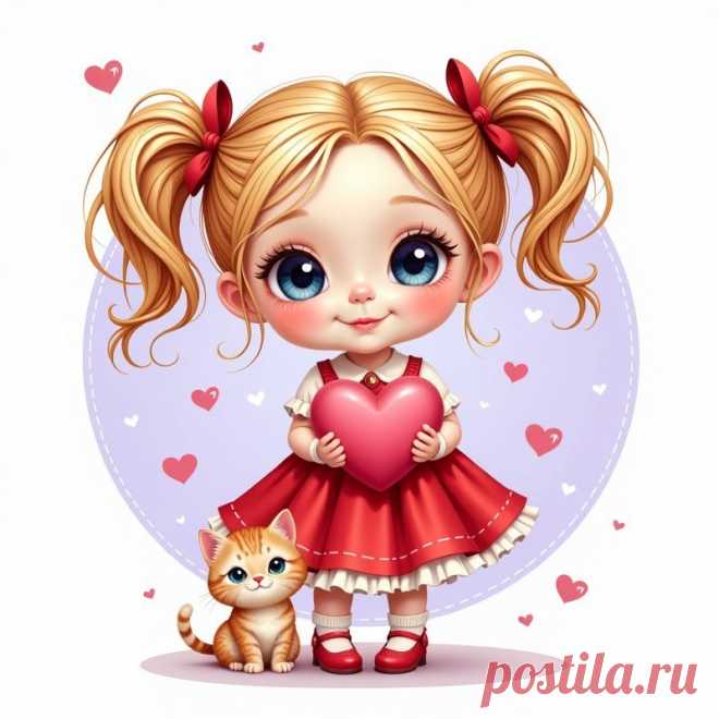 Милая девочка с большими глазами и косичками в красном платье, держащая розовое сердце. Генерация из нейросети Flux Ai - Flux.1 примеры промтов - Форум ИИ о нейросетях - Yes Ai