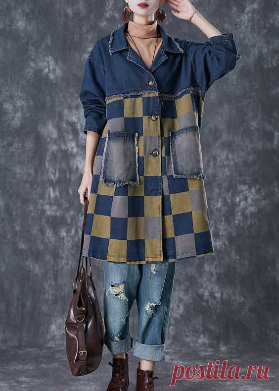 French Navy Oversized Patchwork Plaid Denim Coats Fall - M(Fit for EU 40-42, US 8-10, UK/AU 12-14, IT 44-46)